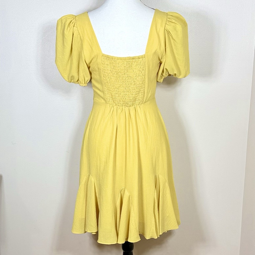 ASTR The Label Womens Dress S Butter Yellow Puff Sleeve Mini Fit Flare Coquette - Picture 2 of 9